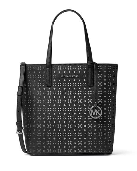 Michael Kors Hayley Tote Black Metallic Nickel With Floral Laser 